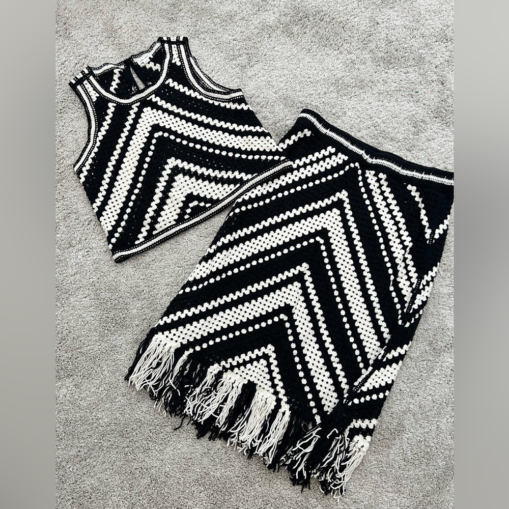 Black and Creme Crochet Top and Skirt Set